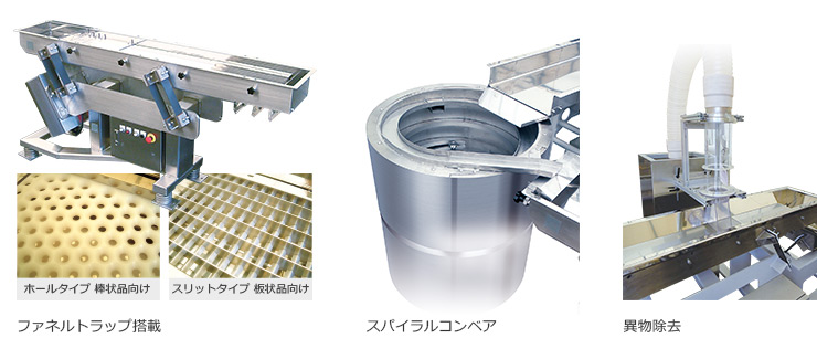ファネルトラップ搭載（ホールタイプ棒状品向け,スリットタイプ板状品向け）,スパイラルコンベア,異物除去